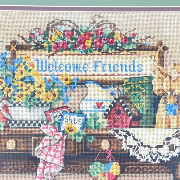 vintage framed cross stitch "welcome friends" wall art floral & rustic motif - Picture 2 of 5